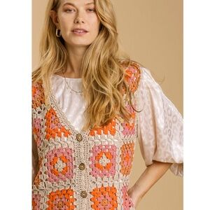 NWT MISSES SZ LARGE Crochet Patchwork GRANNY SQUARE Vest WITH FRINGE.